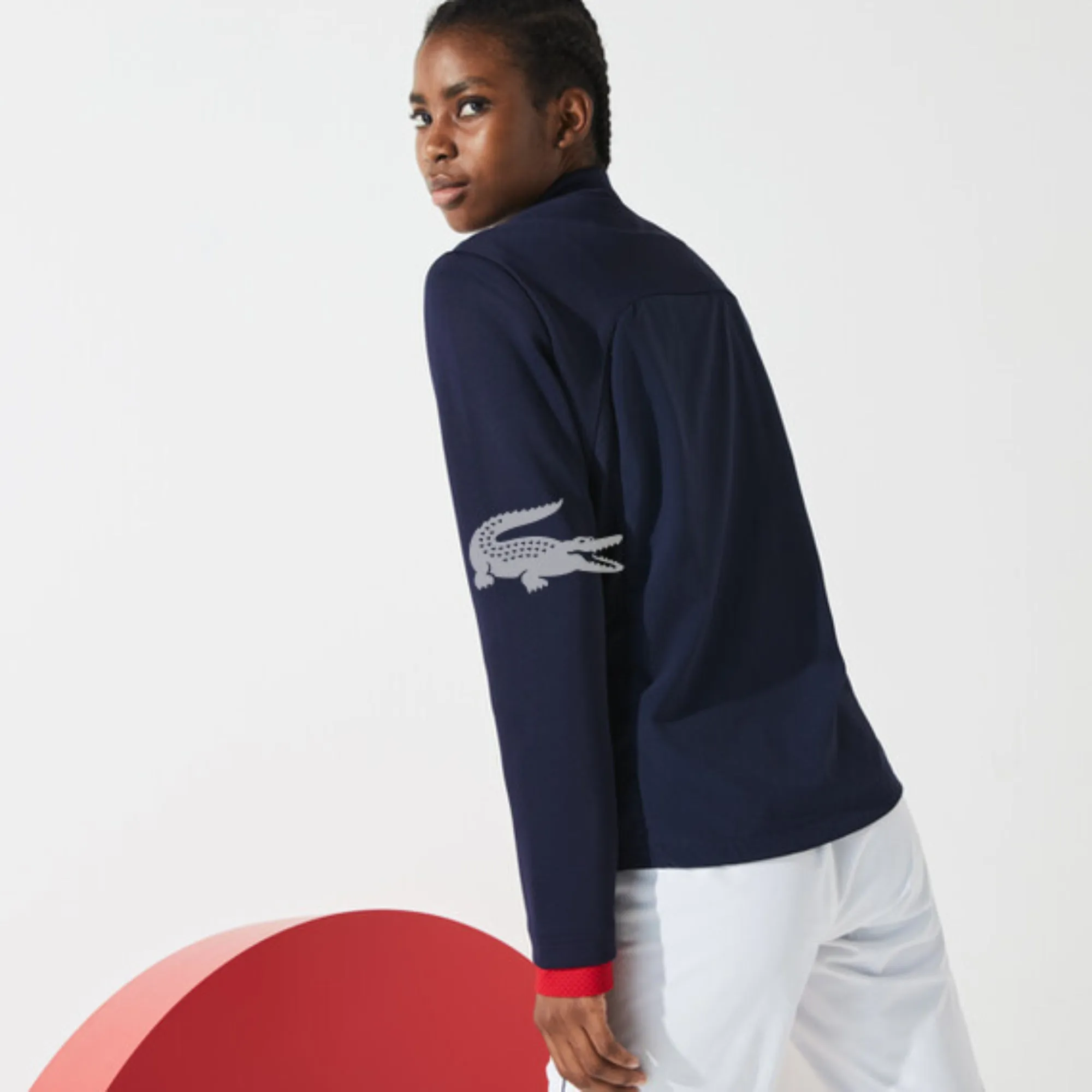 Lacoste Women'S Sport French Sporting Spirit Edition Bimaterial Zip Jacket -  Navy Blue/White-Red