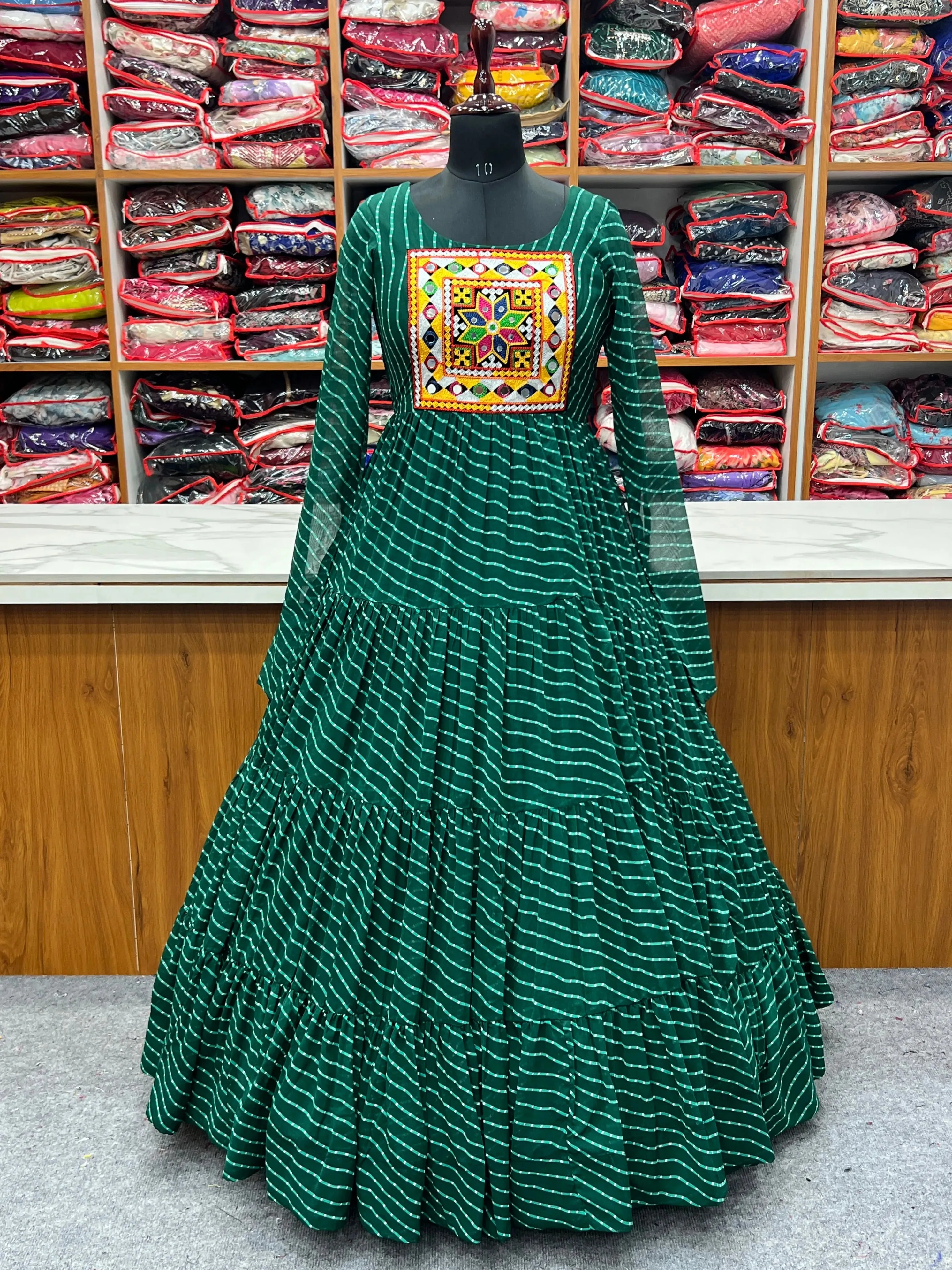 Leheriya Printed Navratri Wear Pure Soft Faux Georgette Gown