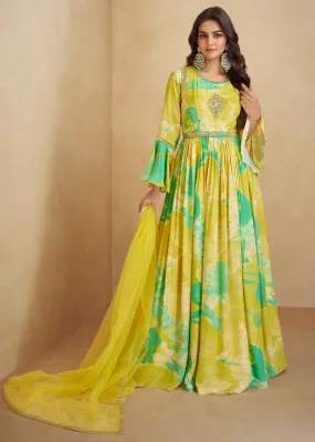 Lemon Yellow Digital Floral Printed  Chinon Anarkali Gown With Dupatta