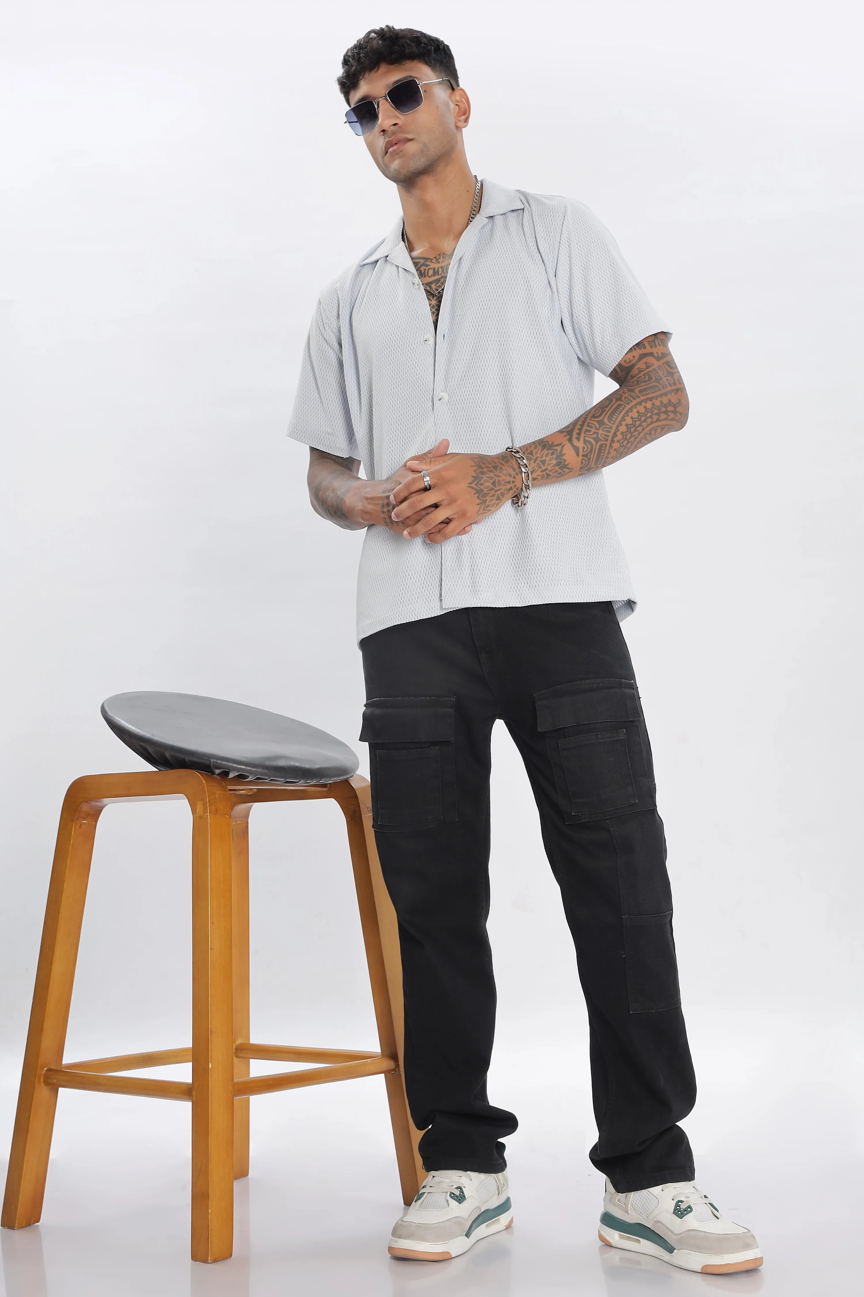 Lightgrey textured half sleeve shirt