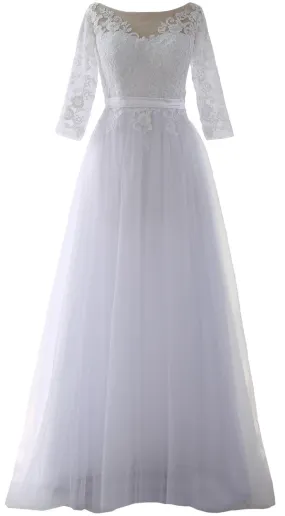 MACloth Elegant Half Sleeve Prom Dress Lace Tulle Maxi Evening Formal Gown