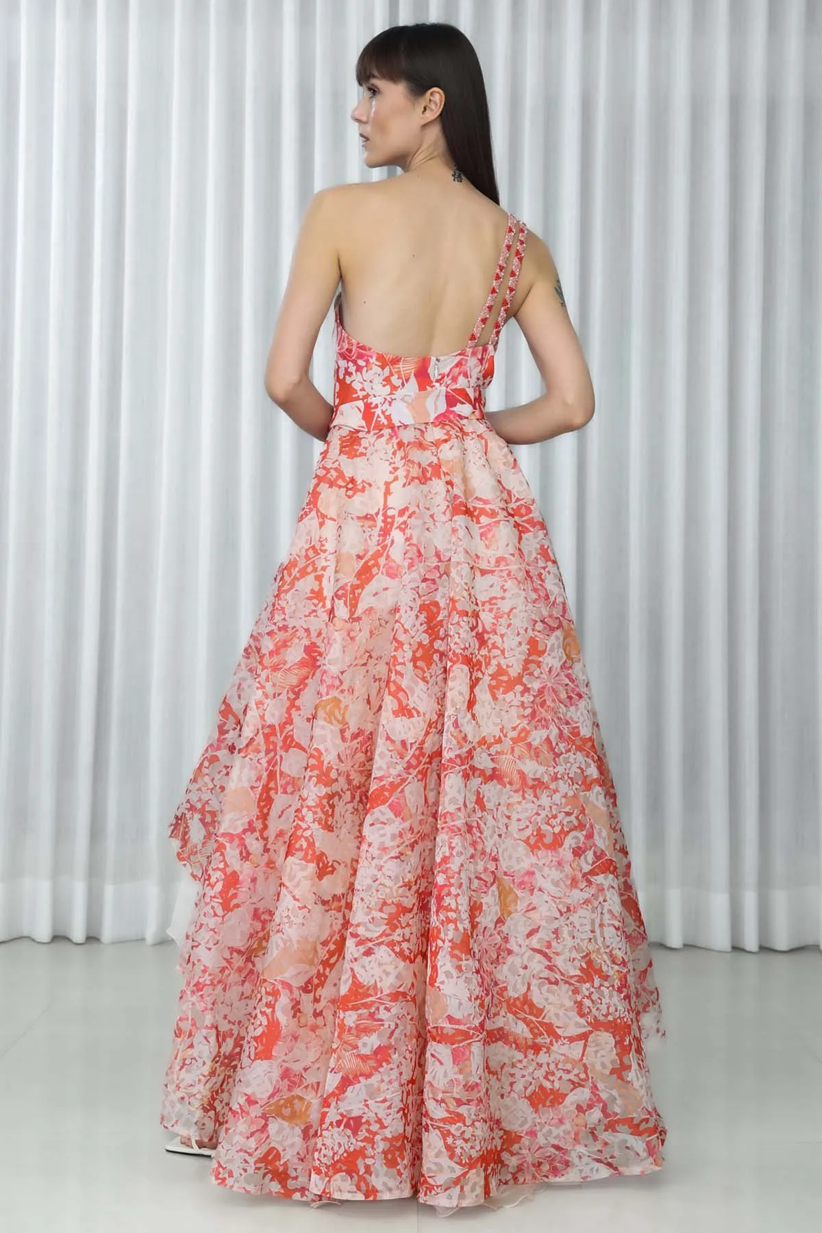Maple Leaves Printed Embroidered Gown