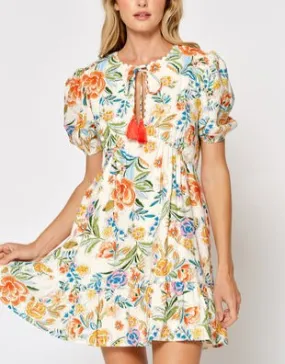 Marigold Petals Puff Short Sleeve Mini Dress with Tassel