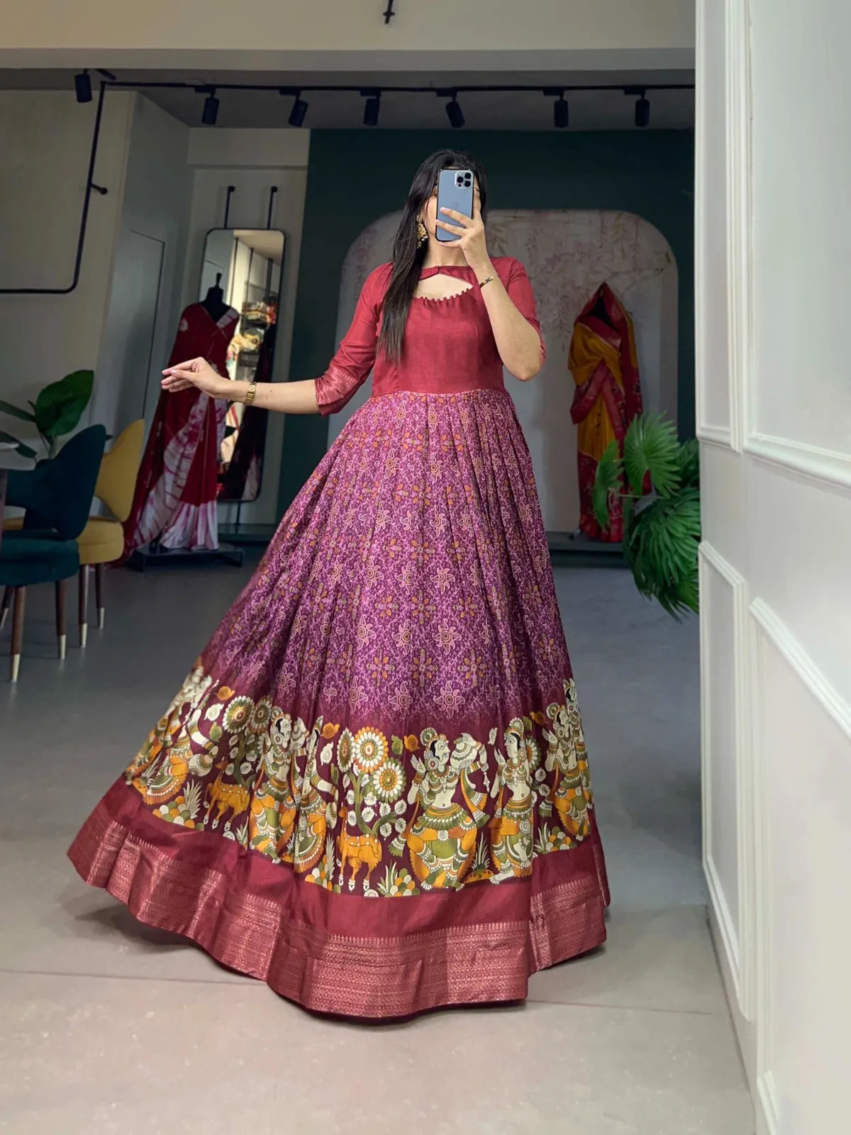 Maroon Tussar Silk Printed Gown with Woven Border