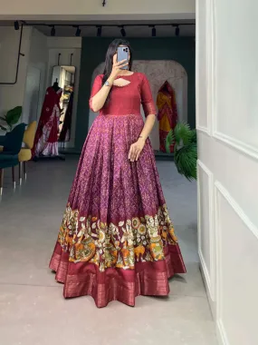 Maroon Tussar Silk Printed Gown with Woven Border