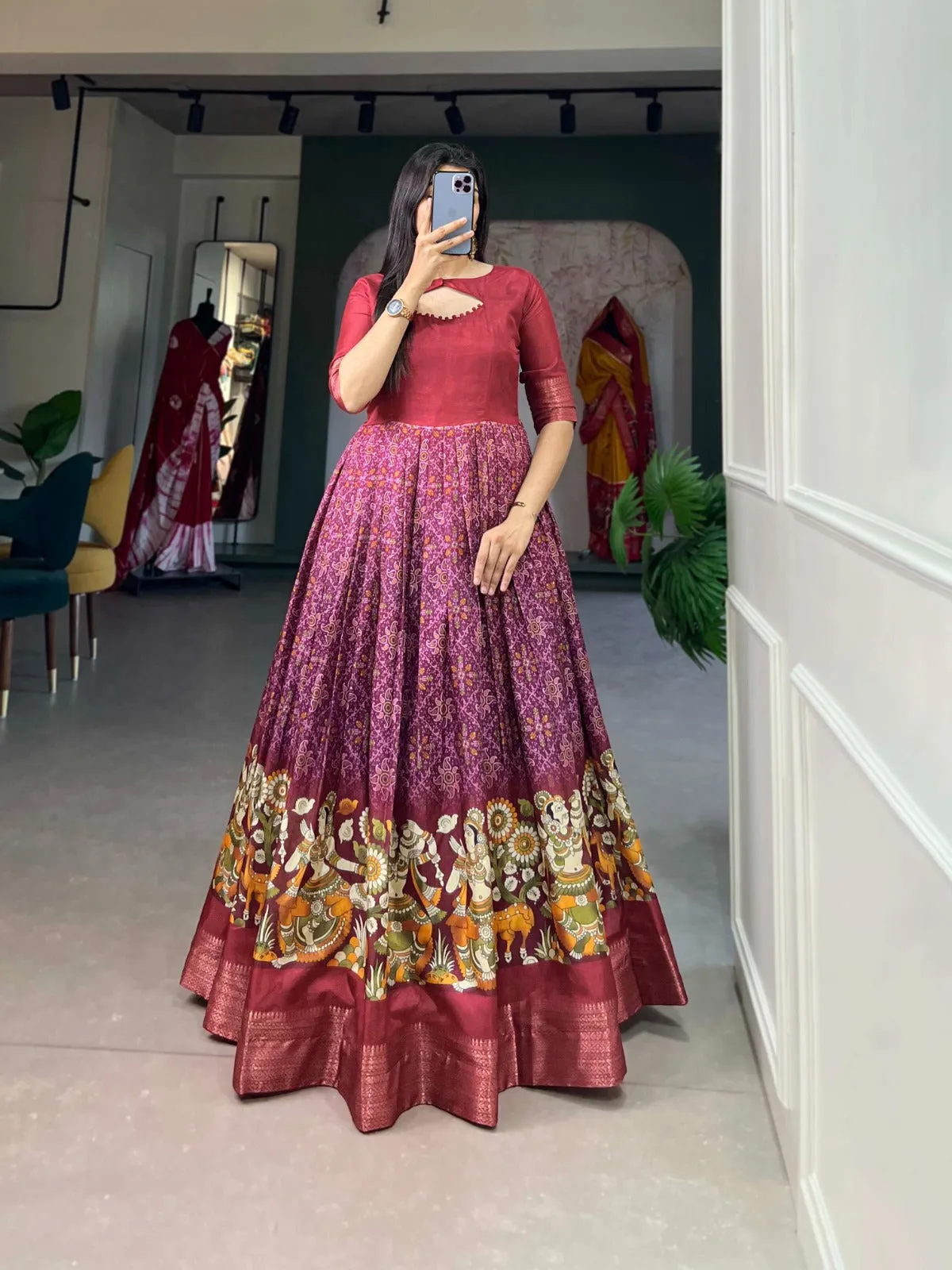 Maroon Tussar Silk Printed Gown with Woven Border