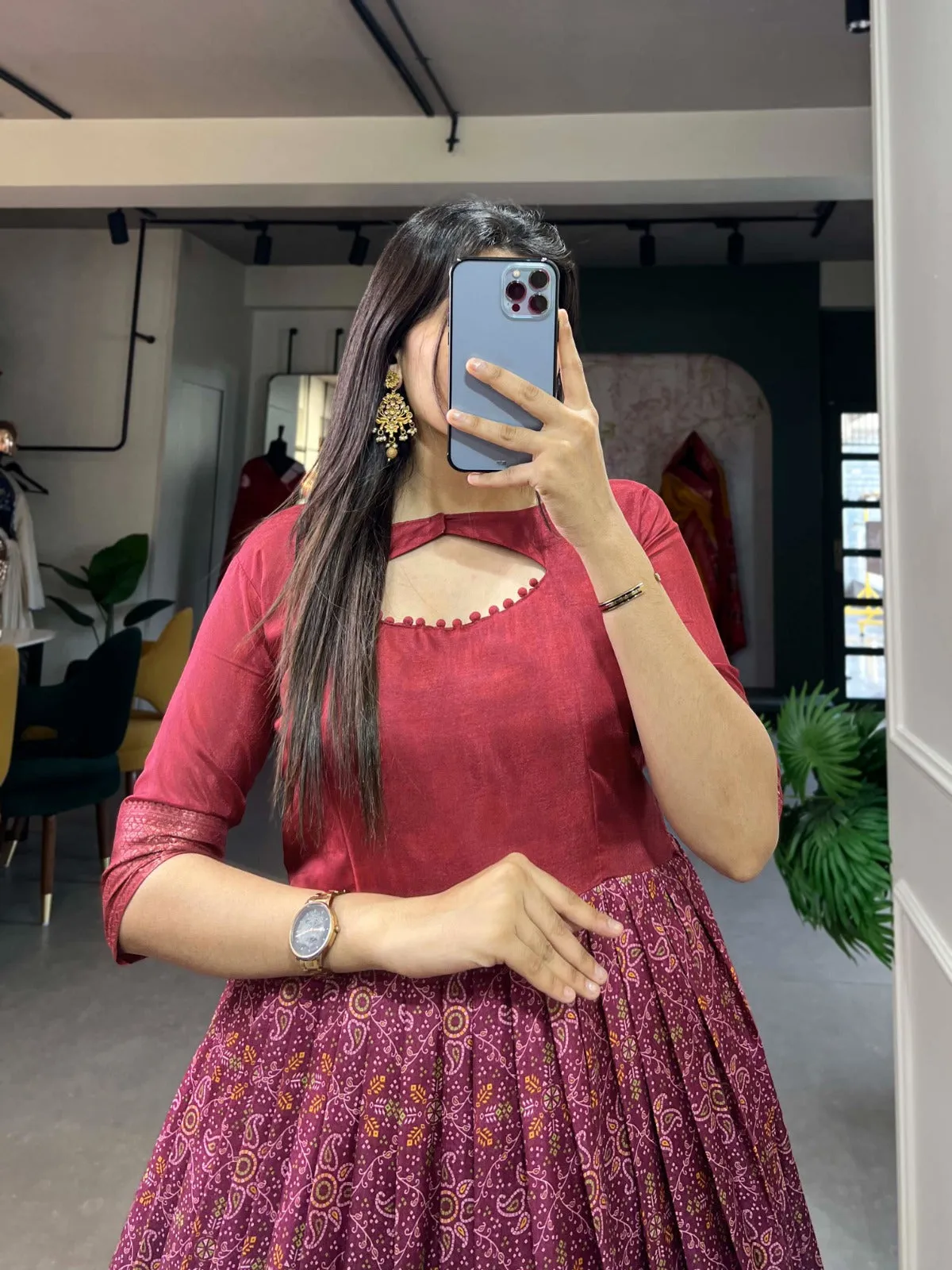 Maroon Tussar Silk Printed Gown with Woven Border