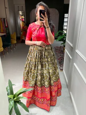 Mehndi Color Patola Printed And Foil Printed Dola Silk Gown