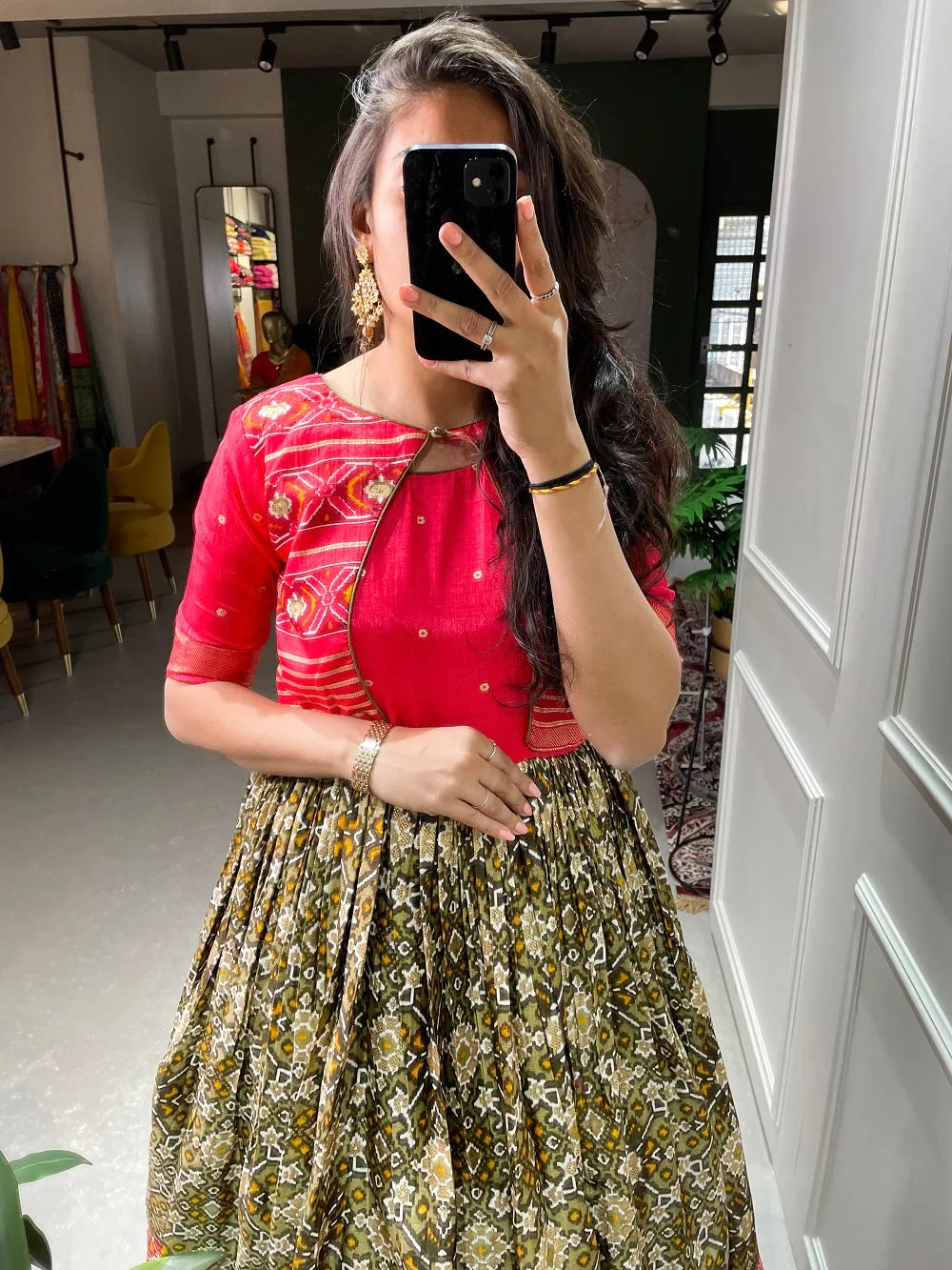 Mehndi Color Patola Printed And Foil Printed Dola Silk Gown