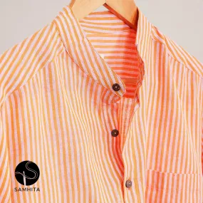 Men's Beige and Brown Stripe Khadi Cotton Short Kurta and Wooden Button Detail (MK 104 B)