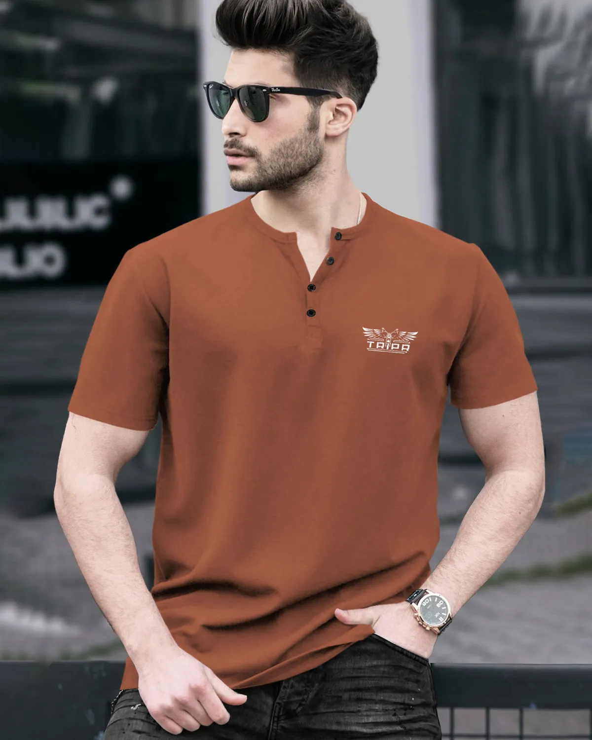 Mens mandarin collar T-Shirt Half Sleeve / Brown
