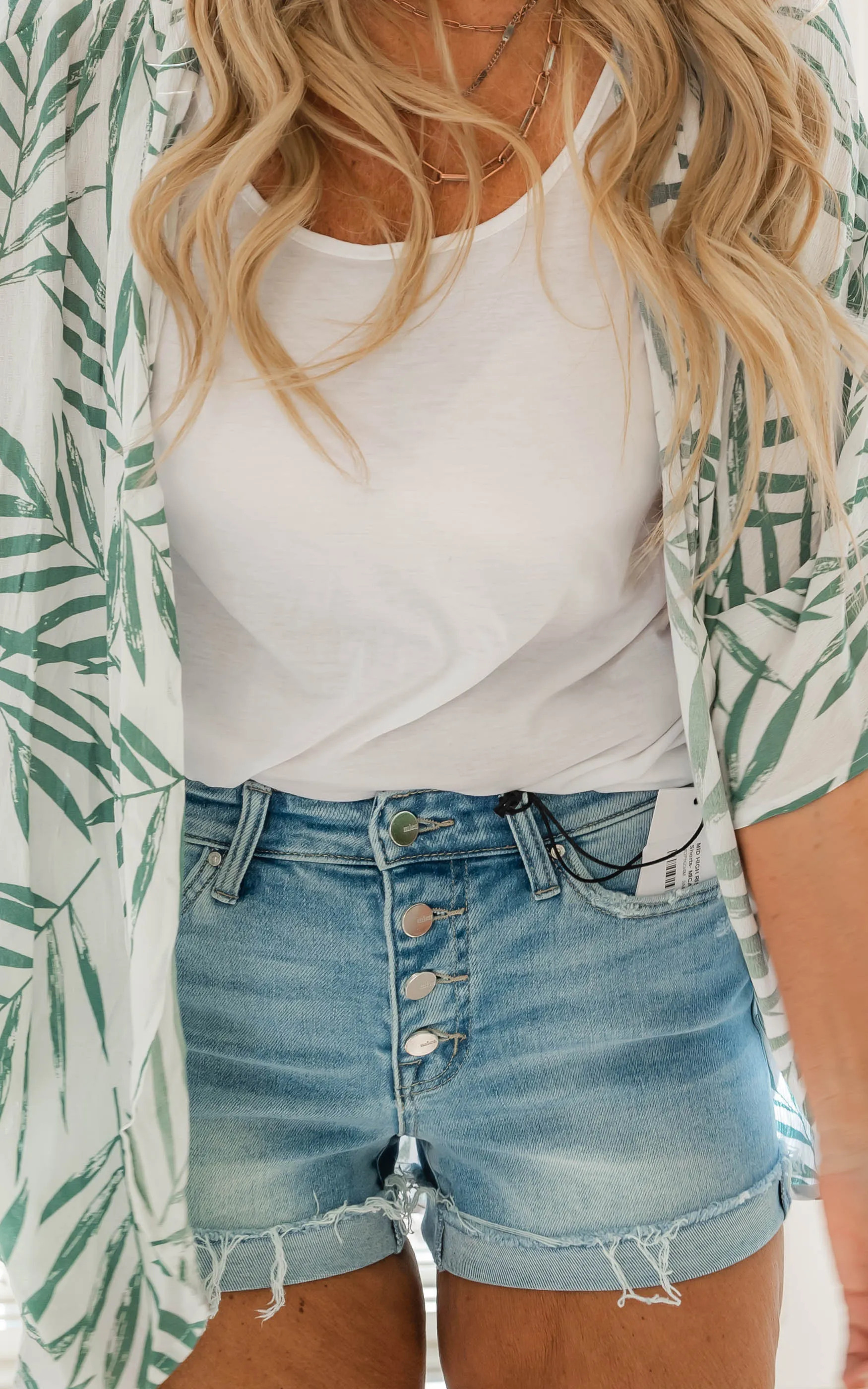 Mid High Rise Button Denim Shorts - Mica - Final Sale