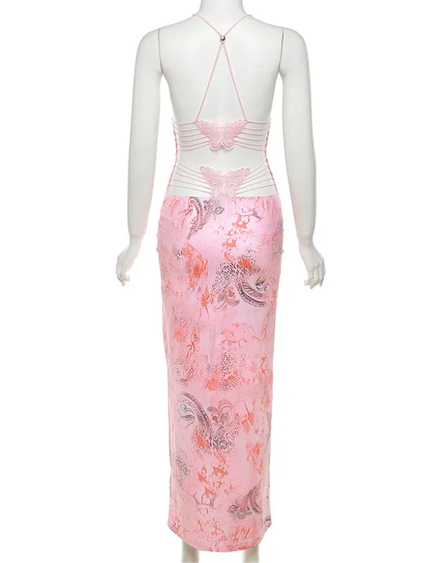Momsmood Spaghetti Strap Backless Cami Printing Butterfly Bodycon Chic Maternity Maxi Dress