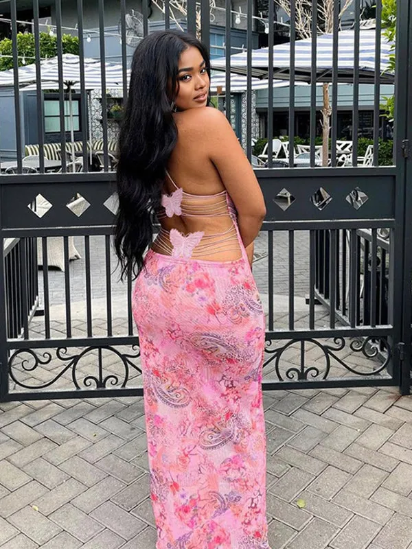 Momsmood Spaghetti Strap Backless Cami Printing Butterfly Bodycon Chic Maternity Maxi Dress
