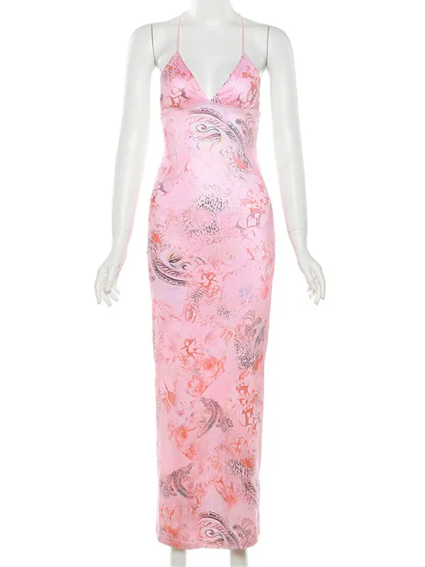 Momsmood Spaghetti Strap Backless Cami Printing Butterfly Bodycon Chic Maternity Maxi Dress