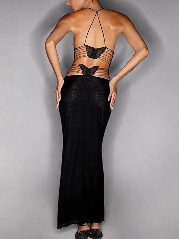 Momsmood Spaghetti Strap Backless Cami Printing Butterfly Bodycon Chic Maternity Maxi Dress