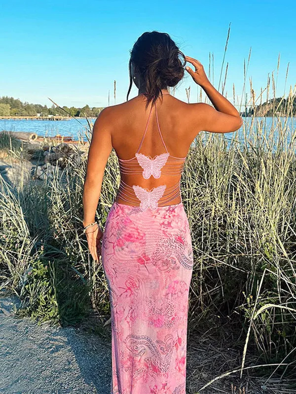 Momsmood Spaghetti Strap Backless Cami Printing Butterfly Bodycon Chic Maternity Maxi Dress