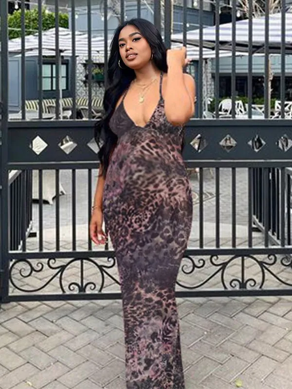Momsmood Spaghetti Strap Backless Cami Printing Butterfly Bodycon Chic Maternity Maxi Dress