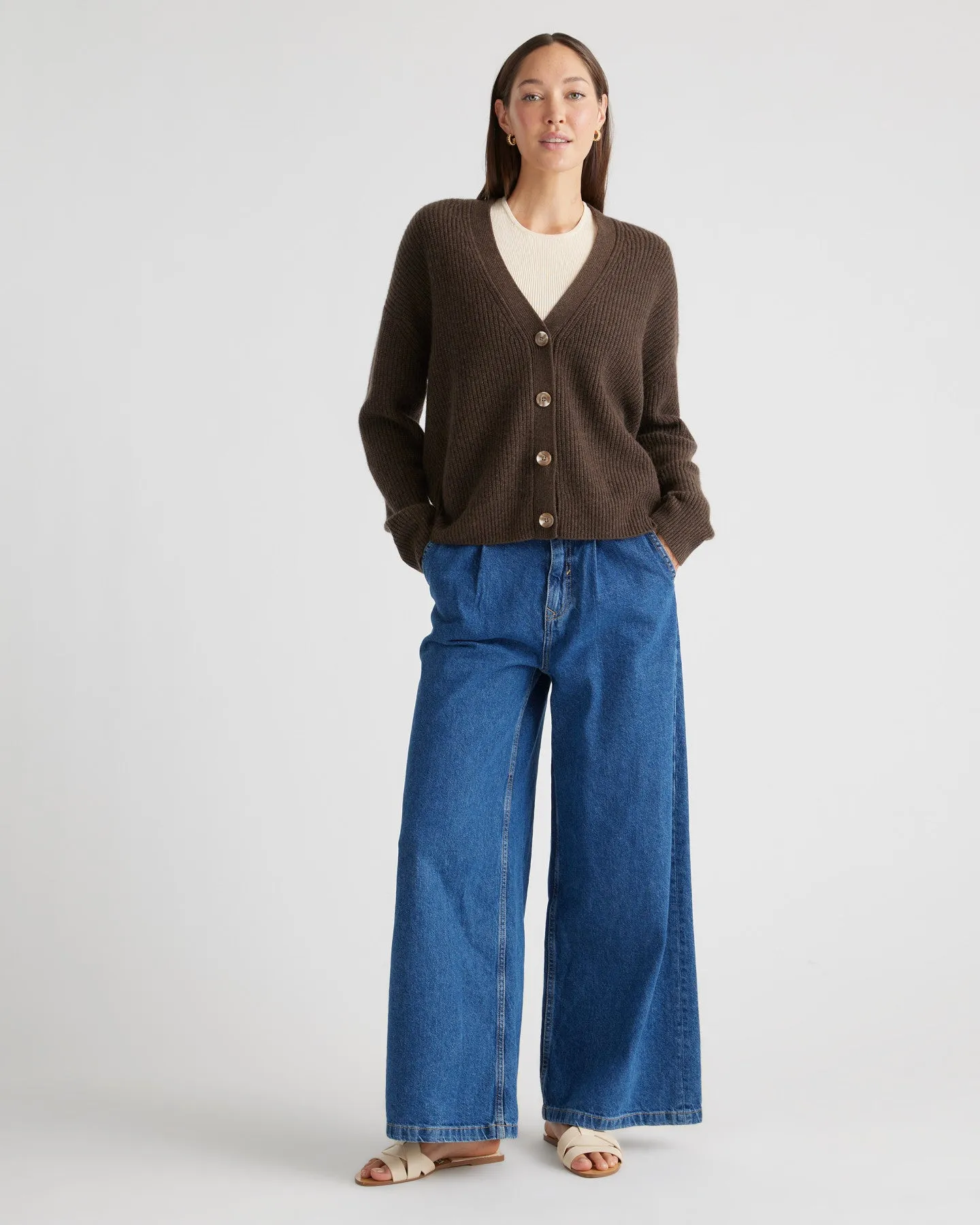 Mongolian Cashmere Fisherman Boxy Cropped Cardigan Sweater