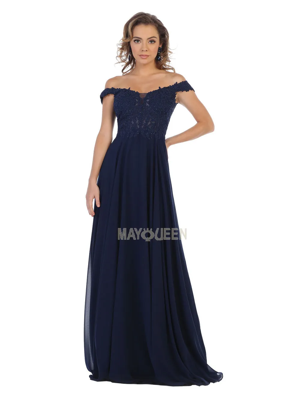MQ 1602 B - Off the Shoulder A-Line Prom Gown with Sheer Lace Embellished Bodice Corset Back & Flowy Chiffon Skirt