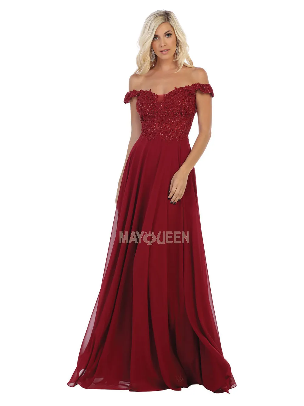 MQ 1602 B - Off the Shoulder A-Line Prom Gown with Sheer Lace Embellished Bodice Corset Back & Flowy Chiffon Skirt