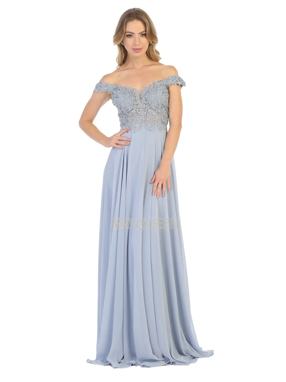 MQ 1602 B - Off the Shoulder A-Line Prom Gown with Sheer Lace Embellished Bodice Corset Back & Flowy Chiffon Skirt