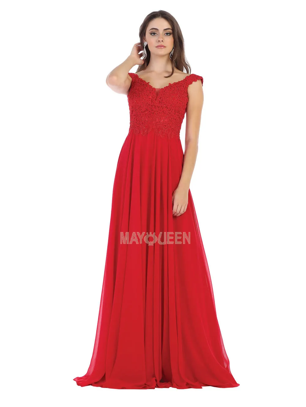 MQ 1602 B - Off the Shoulder A-Line Prom Gown with Sheer Lace Embellished Bodice Corset Back & Flowy Chiffon Skirt