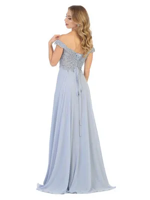 MQ 1602 B - Off the Shoulder A-Line Prom Gown with Sheer Lace Embellished Bodice Corset Back & Flowy Chiffon Skirt