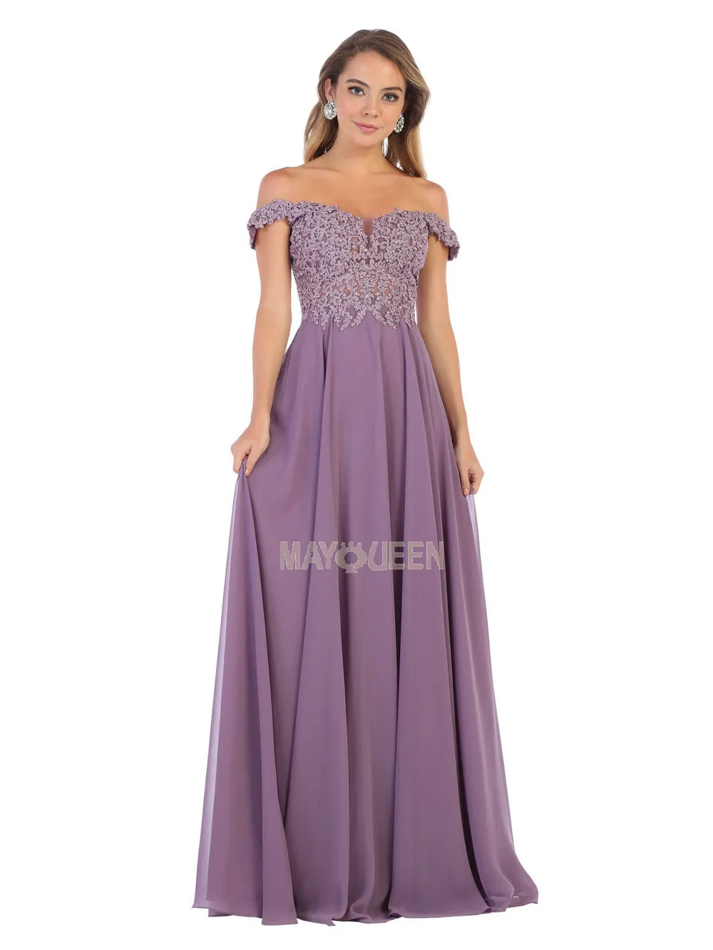 MQ 1602 B - Off the Shoulder A-Line Prom Gown with Sheer Lace Embellished Bodice Corset Back & Flowy Chiffon Skirt