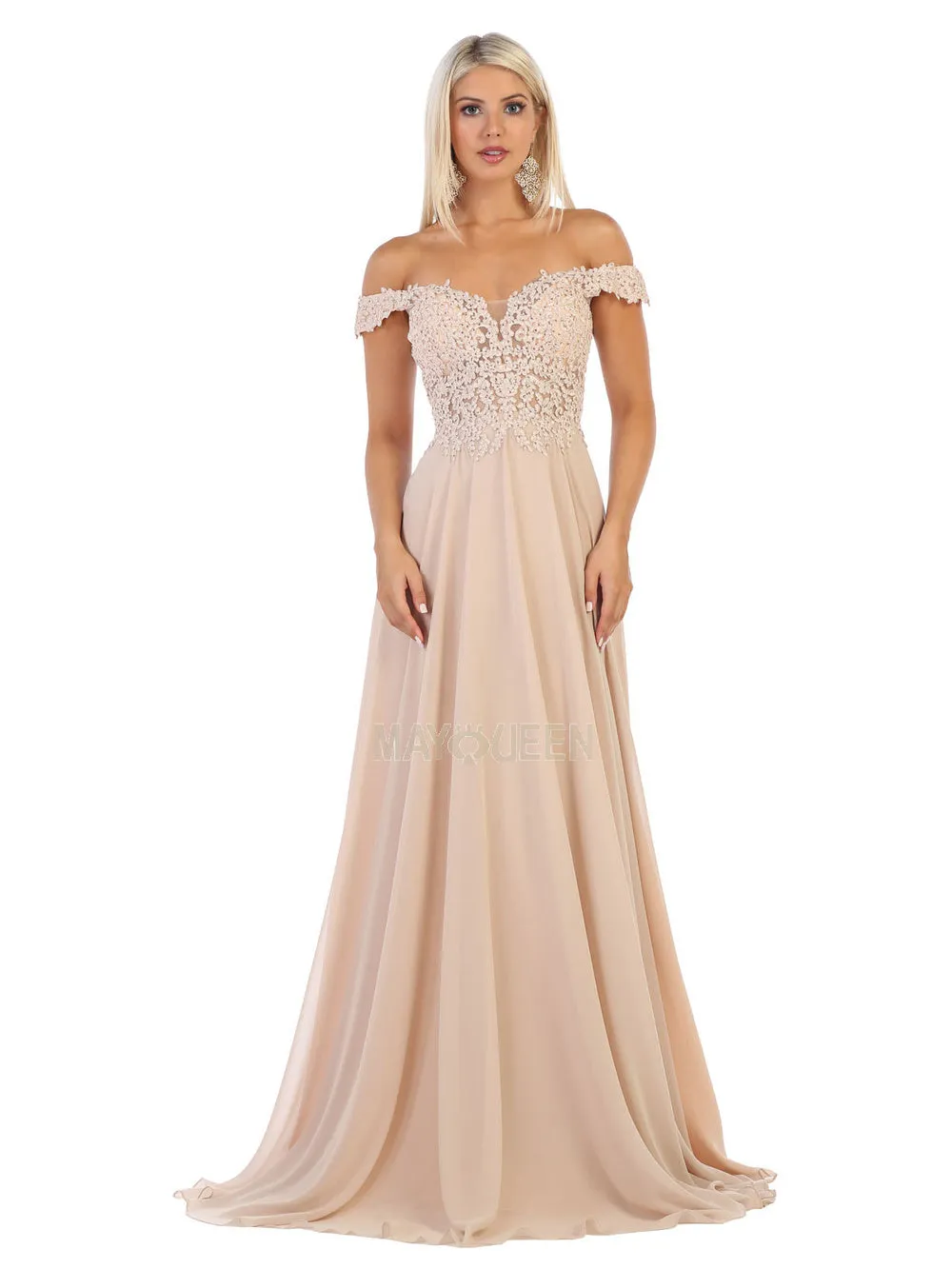 MQ 1602 B - Off the Shoulder A-Line Prom Gown with Sheer Lace Embellished Bodice Corset Back & Flowy Chiffon Skirt