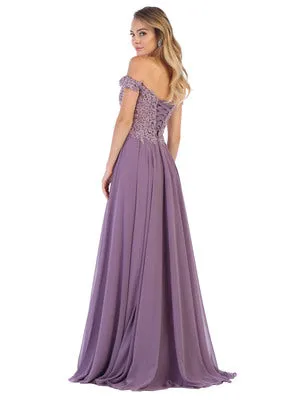 MQ 1602 B - Off the Shoulder A-Line Prom Gown with Sheer Lace Embellished Bodice Corset Back & Flowy Chiffon Skirt
