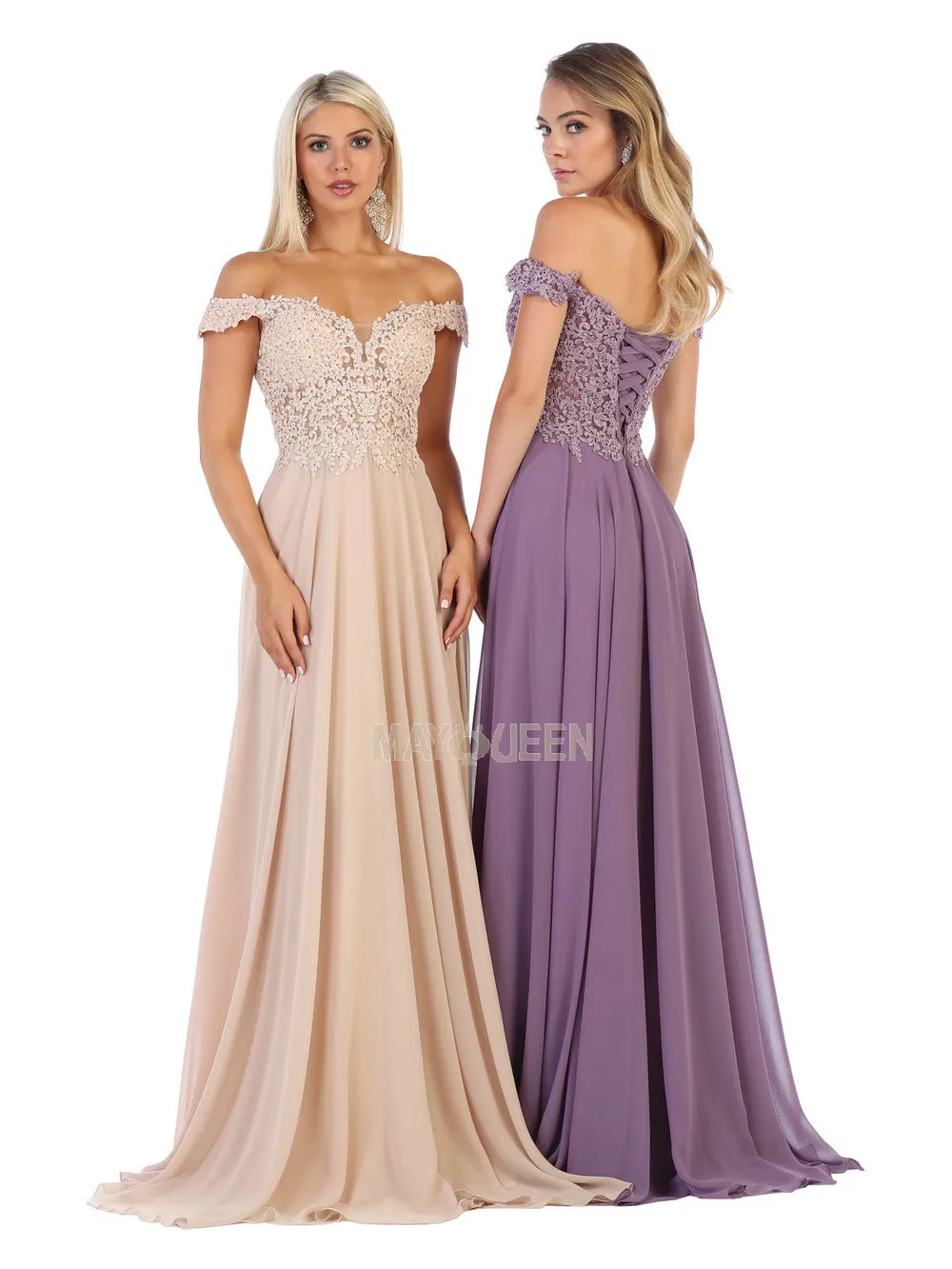 MQ 1602 B - Off the Shoulder A-Line Prom Gown with Sheer Lace Embellished Bodice Corset Back & Flowy Chiffon Skirt