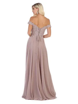 MQ 1602 B - Off the Shoulder A-Line Prom Gown with Sheer Lace Embellished Bodice Corset Back & Flowy Chiffon Skirt
