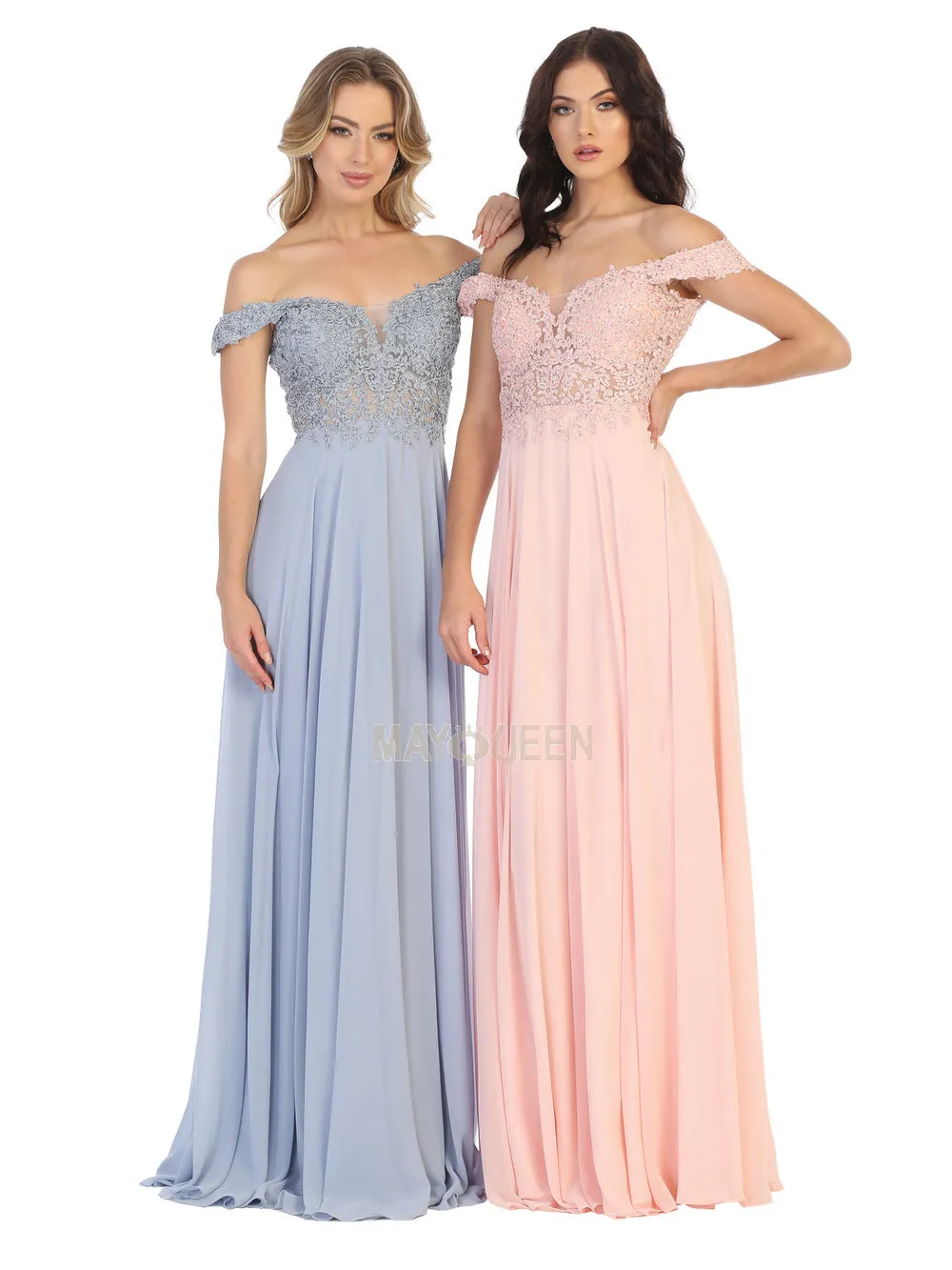 MQ 1602 B - Off the Shoulder A-Line Prom Gown with Sheer Lace Embellished Bodice Corset Back & Flowy Chiffon Skirt