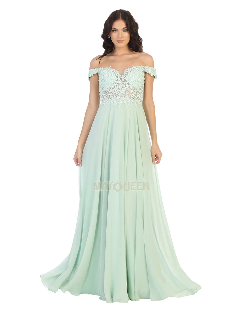MQ 1602 B - Off the Shoulder A-Line Prom Gown with Sheer Lace Embellished Bodice Corset Back & Flowy Chiffon Skirt