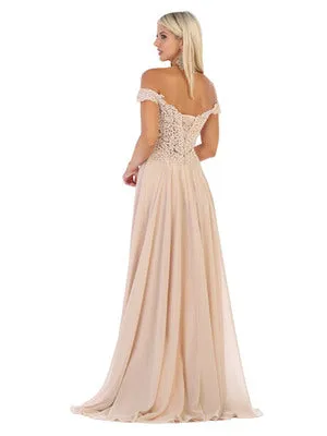 MQ 1602 B - Off the Shoulder A-Line Prom Gown with Sheer Lace Embellished Bodice Corset Back & Flowy Chiffon Skirt