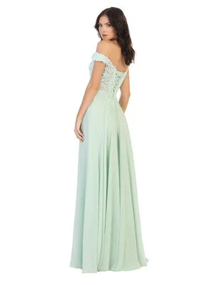 MQ 1602 B - Off the Shoulder A-Line Prom Gown with Sheer Lace Embellished Bodice Corset Back & Flowy Chiffon Skirt