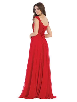 MQ 1602 B - Off the Shoulder A-Line Prom Gown with Sheer Lace Embellished Bodice Corset Back & Flowy Chiffon Skirt