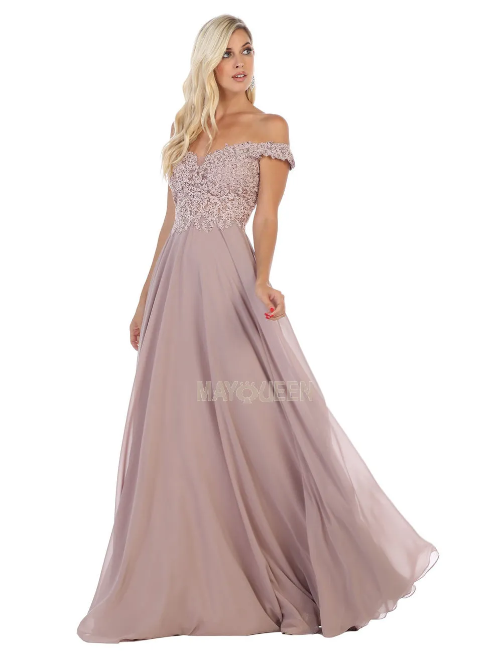MQ 1602 B - Off the Shoulder A-Line Prom Gown with Sheer Lace Embellished Bodice Corset Back & Flowy Chiffon Skirt