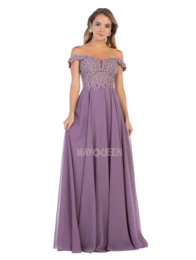 MQ 1602 - Off the Shoulder A-Line Prom Gown with Sheer Lace Embellished Bodice Corset Back & Flowy Chiffon Skirt