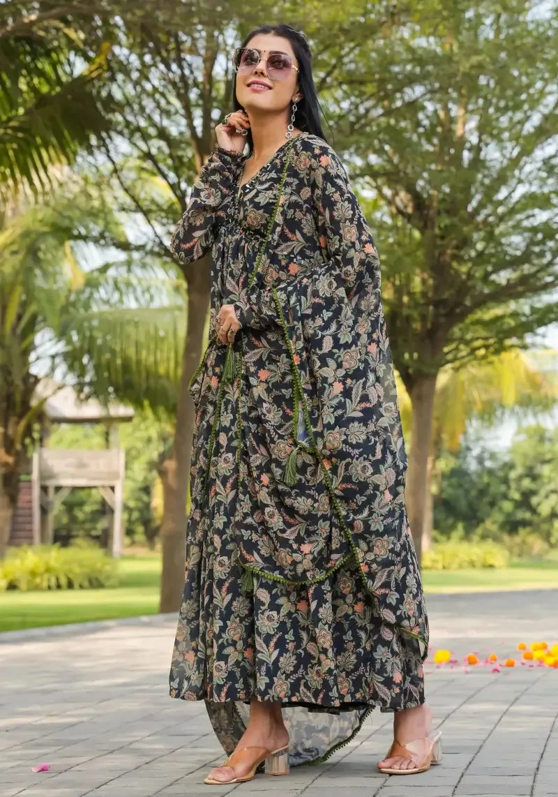 Multi Color Floral Printed Gown with Dupatta