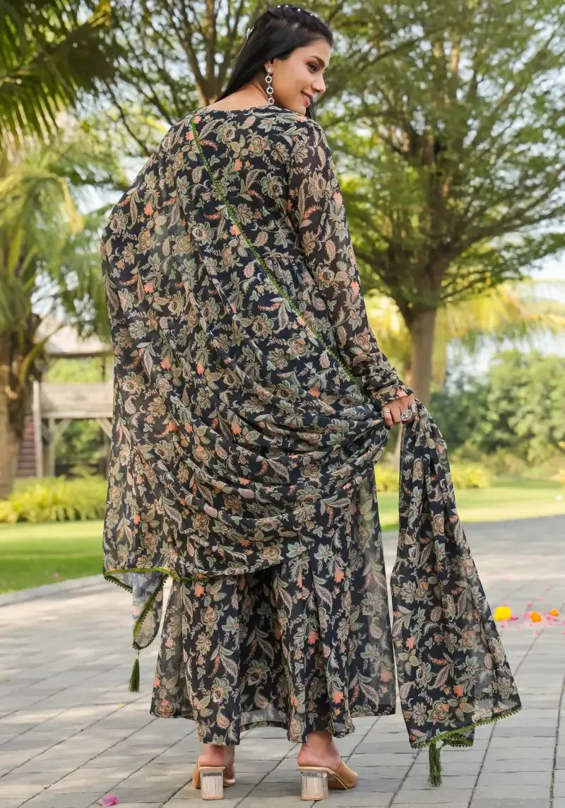 Multi Color Floral Printed Gown with Dupatta