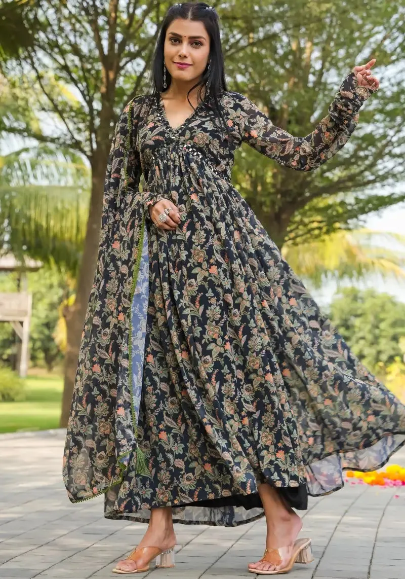 Multi Color Floral Printed Gown with Dupatta