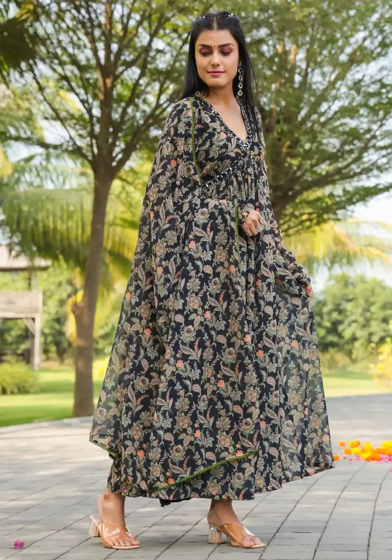 Multi Color Floral Printed Gown with Dupatta