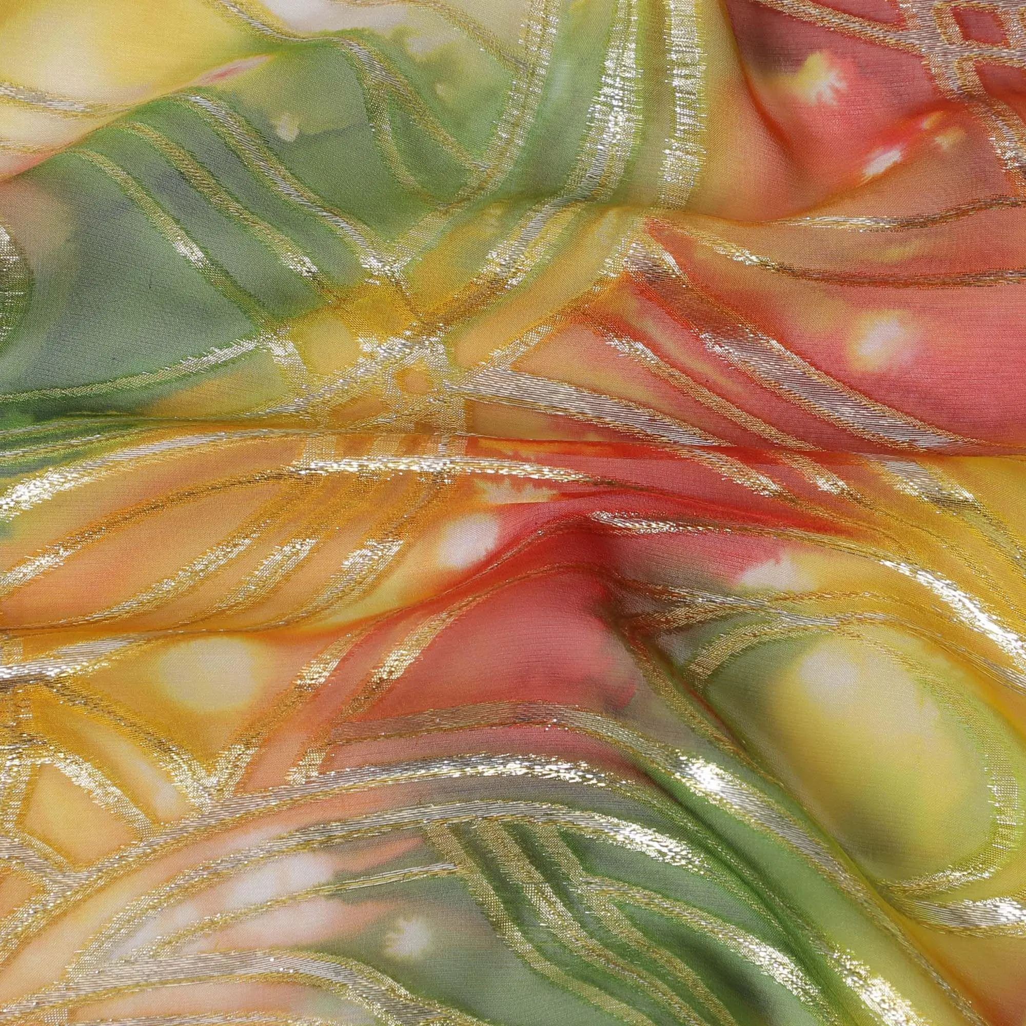 Multicolor premium pure silk chiffon fabric with gold metallic lurex in abstract design-D14082
