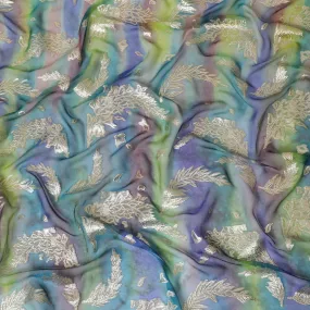 Multicolor premium pure silk chiffon fabric with gold metallic lurex in floral design-D14239