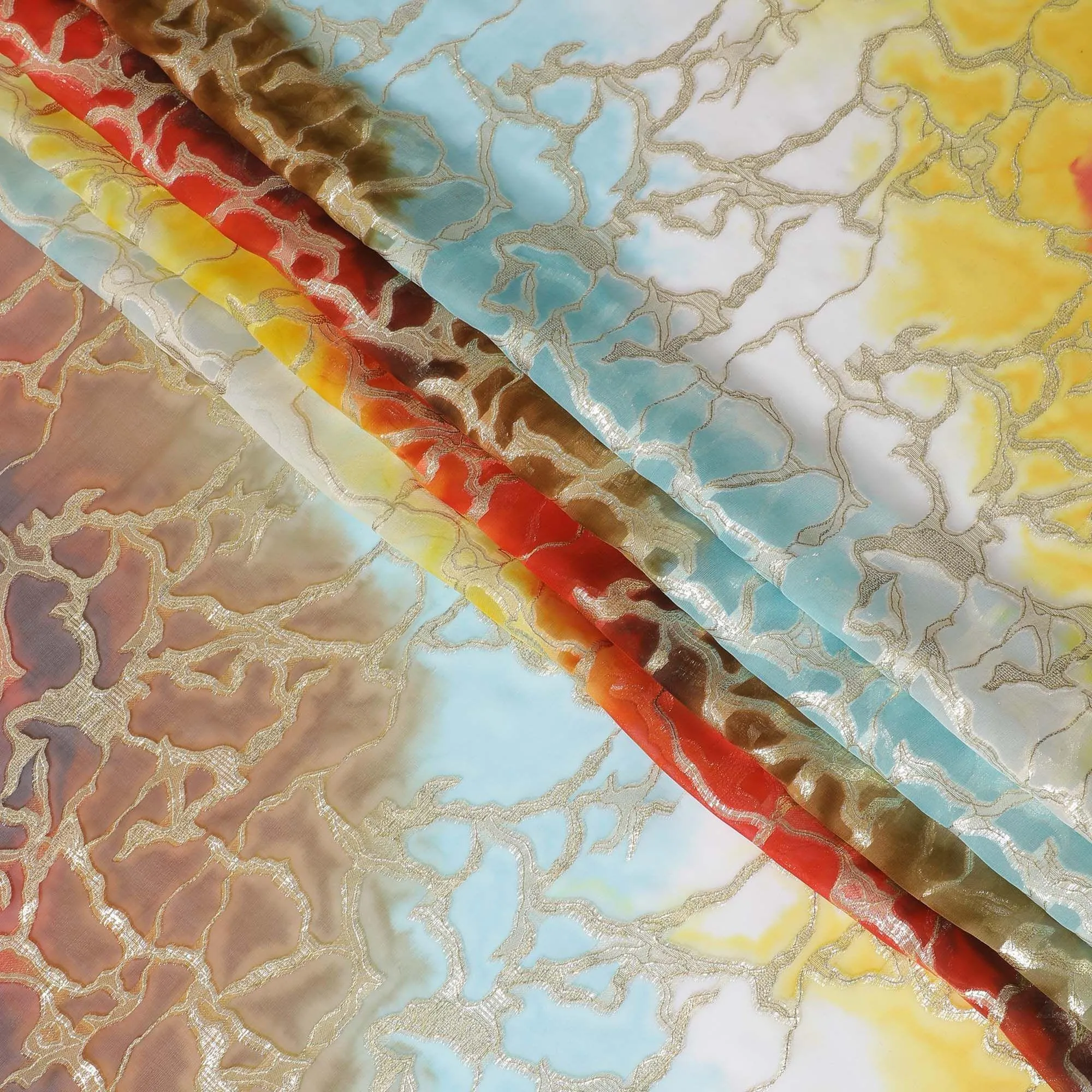 Multicolor Premium pure silk chiffon with gold metallic lurex in abstract design-D11366