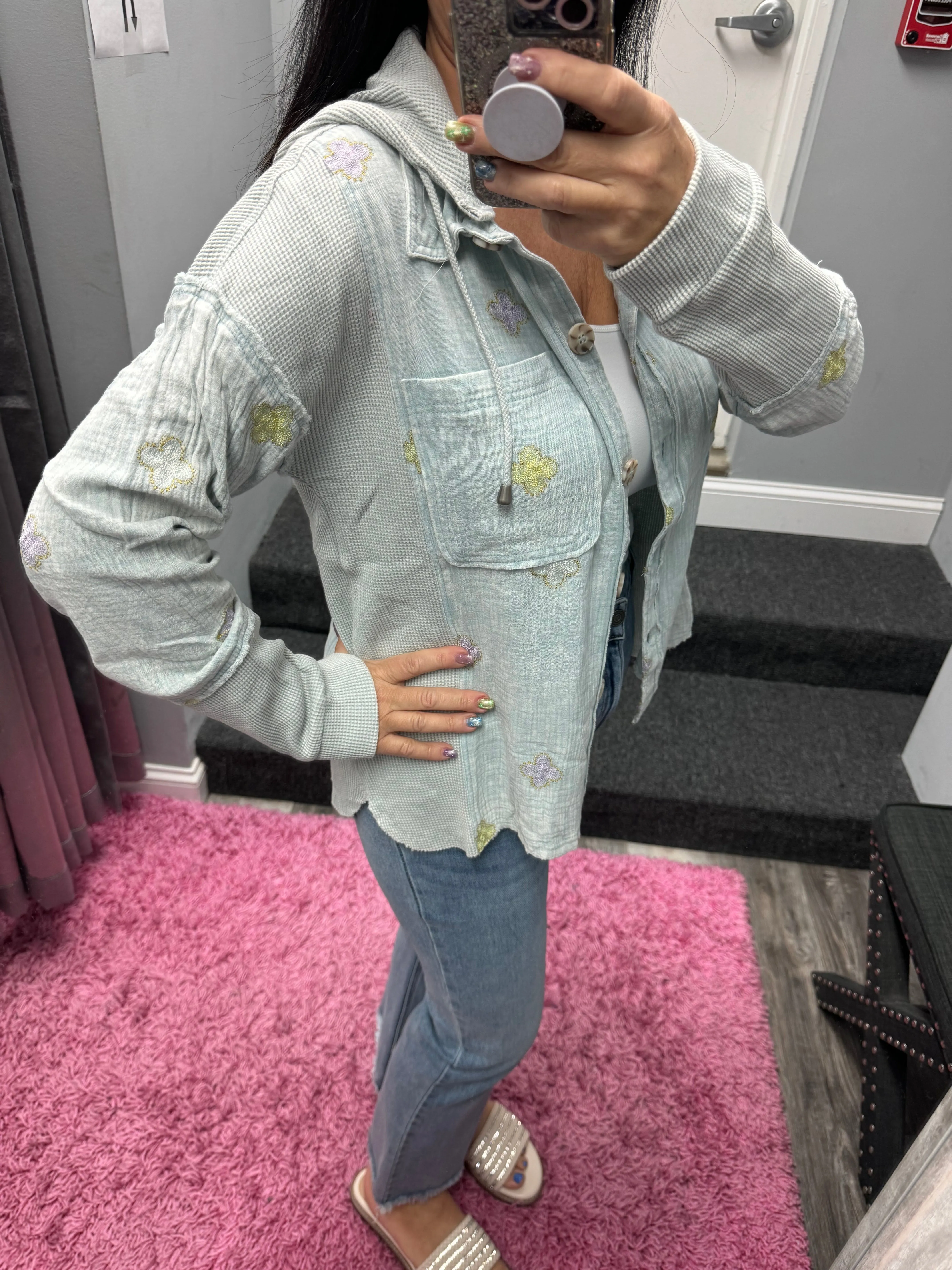 Mystree Thermal Contrast Hoodie Jacket - Washed Pale Blue