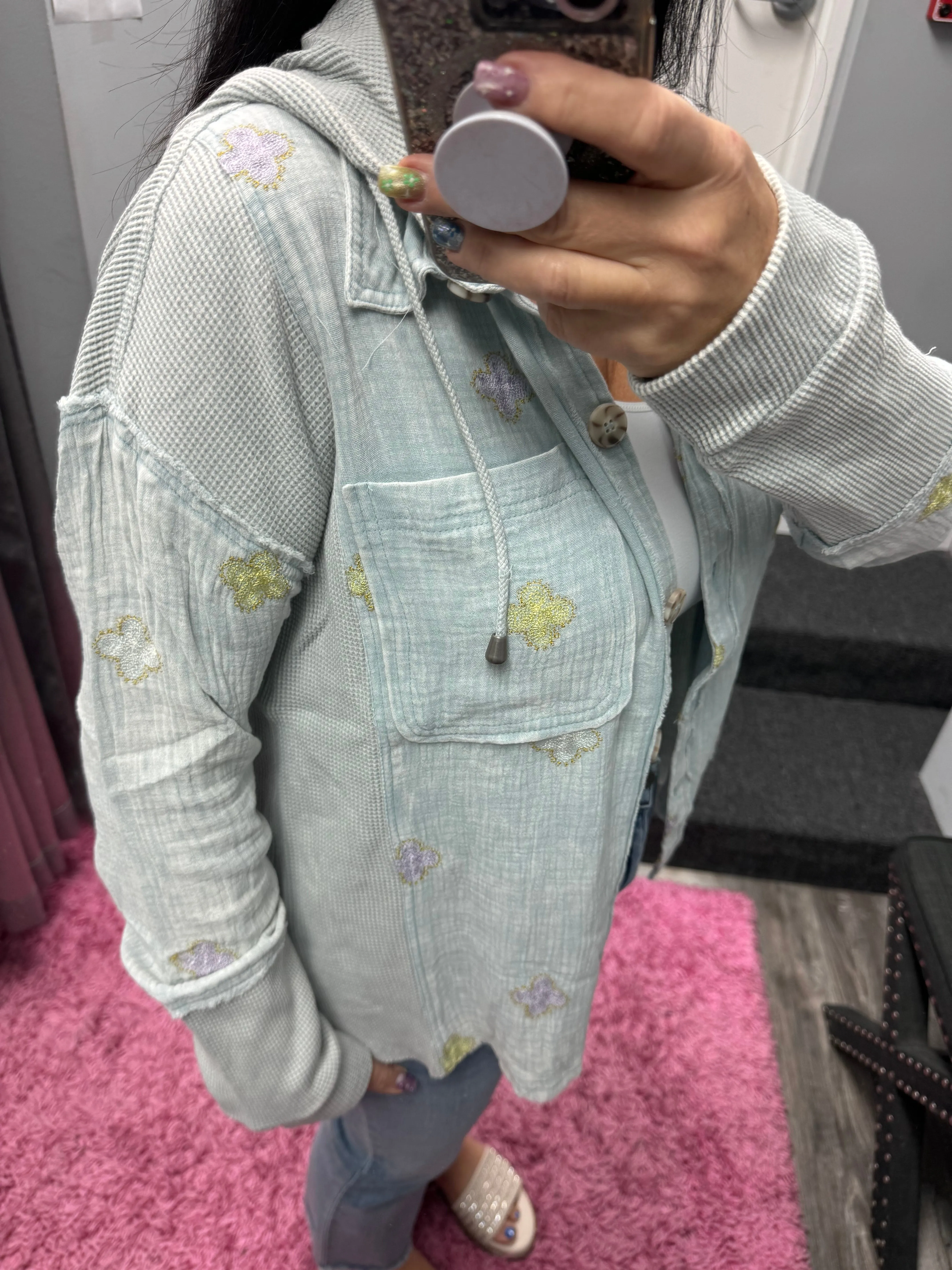 Mystree Thermal Contrast Hoodie Jacket - Washed Pale Blue