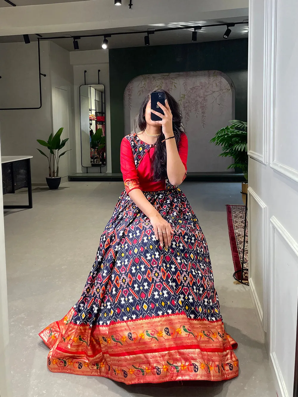 Navy blue Color Patola Paithani Printed And Foil Printed Silk Gown